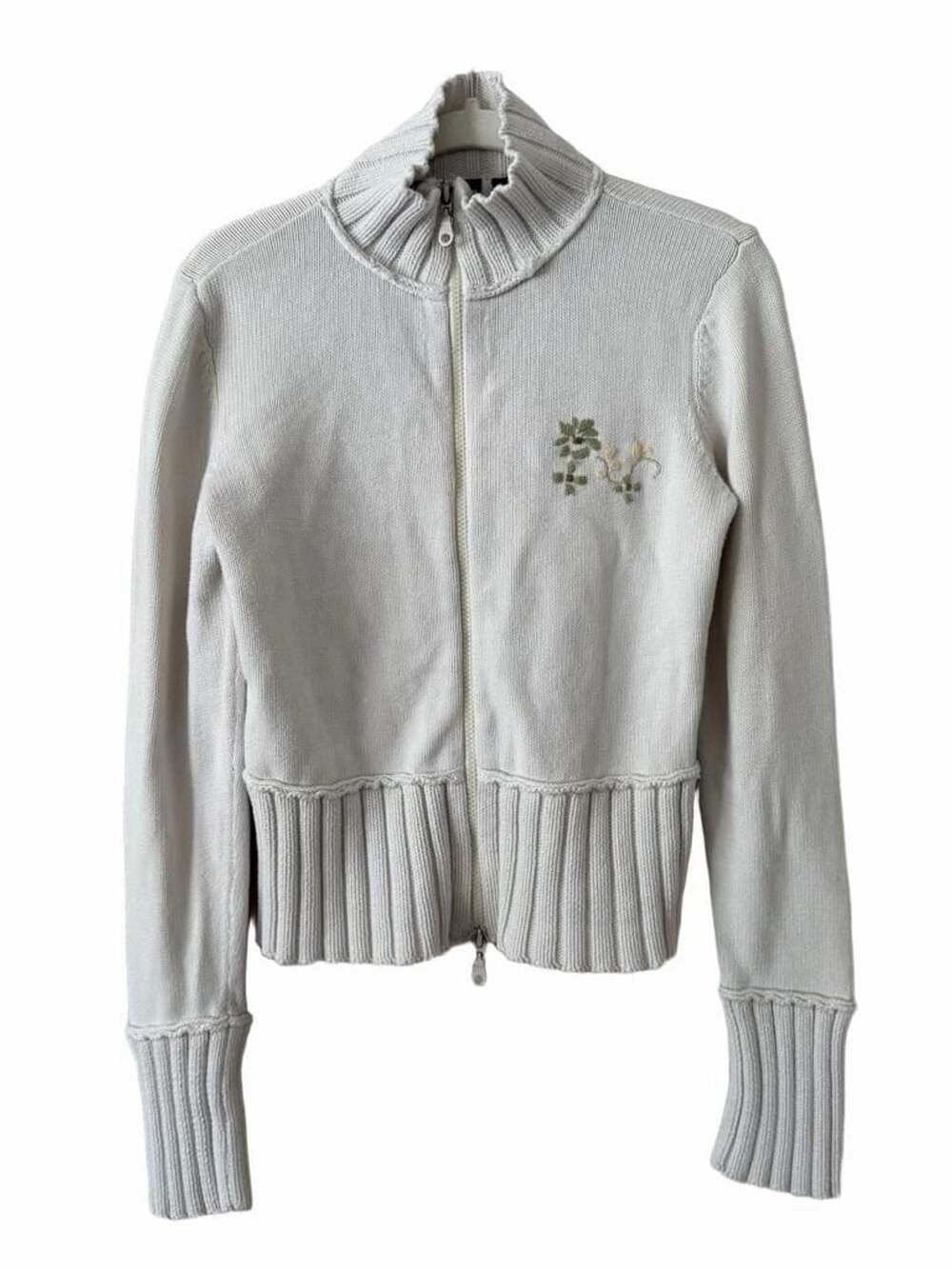 DKNY Jeans Zip Up Cardigan White Floral Embroidered Y2K